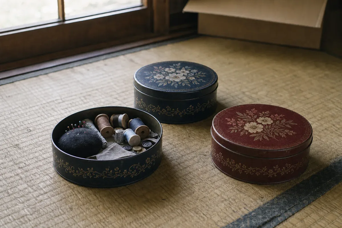 紺色の花柄の丸缶に入った裁縫道具のイメージ写真
