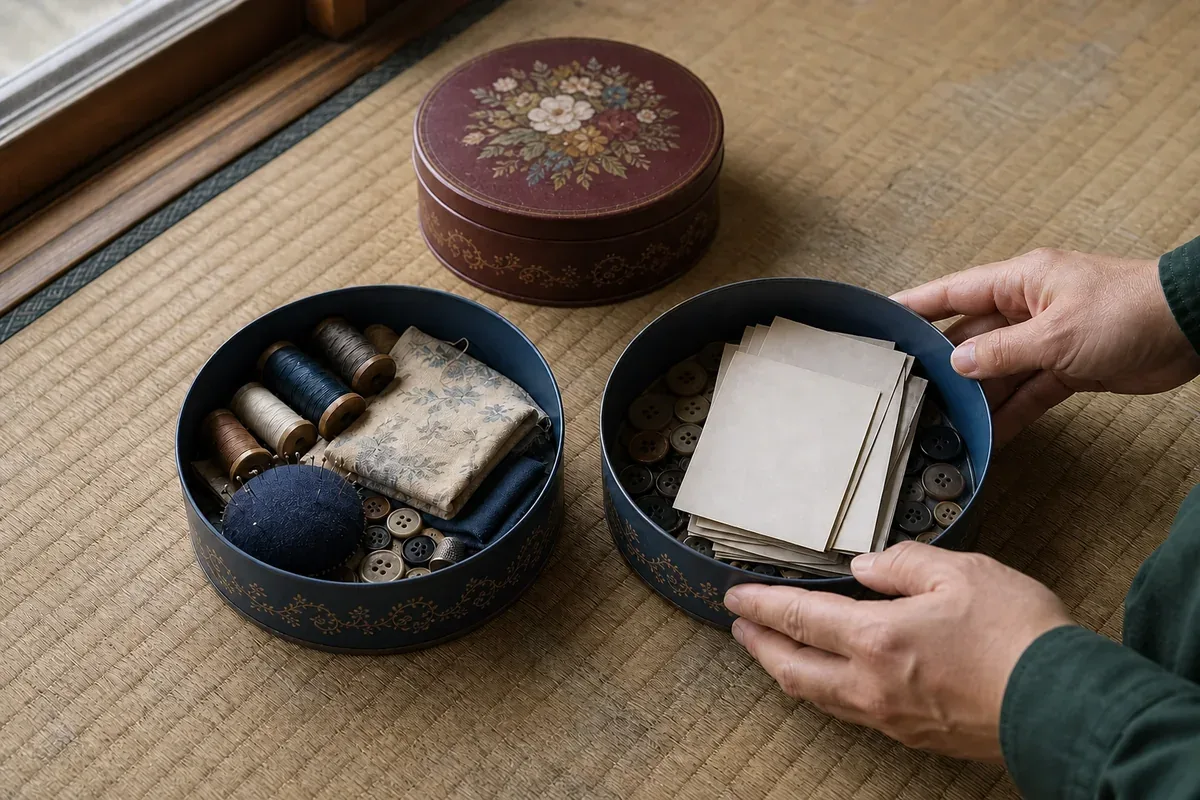 ふたを開けた二つの丸缶から古い写真とボタンを確認する手元のイメージ写真