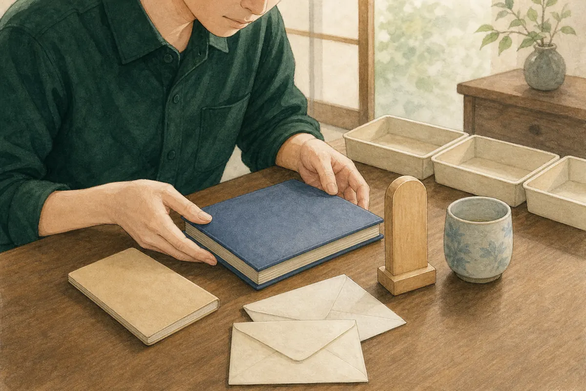 写真や手紙などの思い出の品を急がず確認する現場スタッフのイラスト