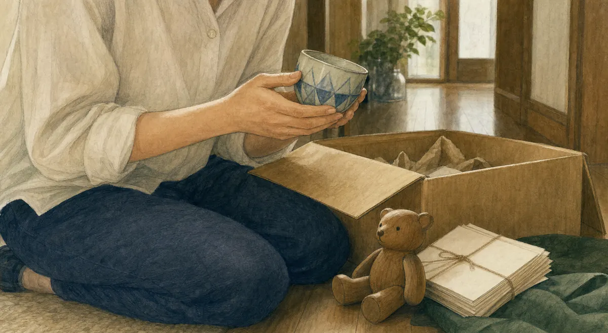 身内の片付けで懐かしい湯呑みを手にして作業が止まるスタッフのイラスト