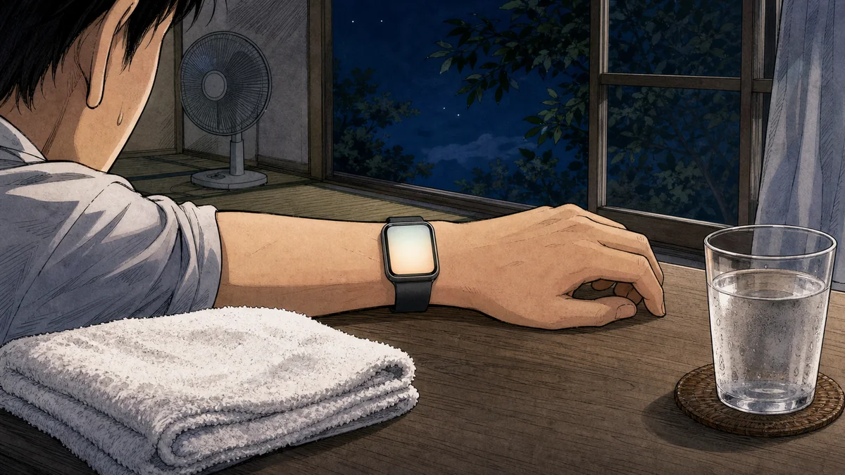 夏の夜に文字の表示されていないスマートウォッチを見るスタッフの漫画調イラスト