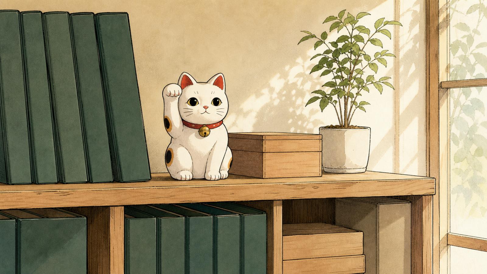 事務所の棚に置かれた一体の白い招き猫のイメージイラスト