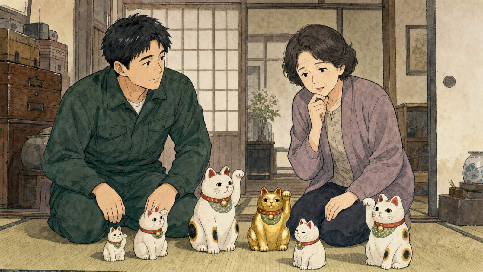 遺品整理に立ち会うご家族と作業スタッフが招き猫を前に話す様子のイメージイラスト