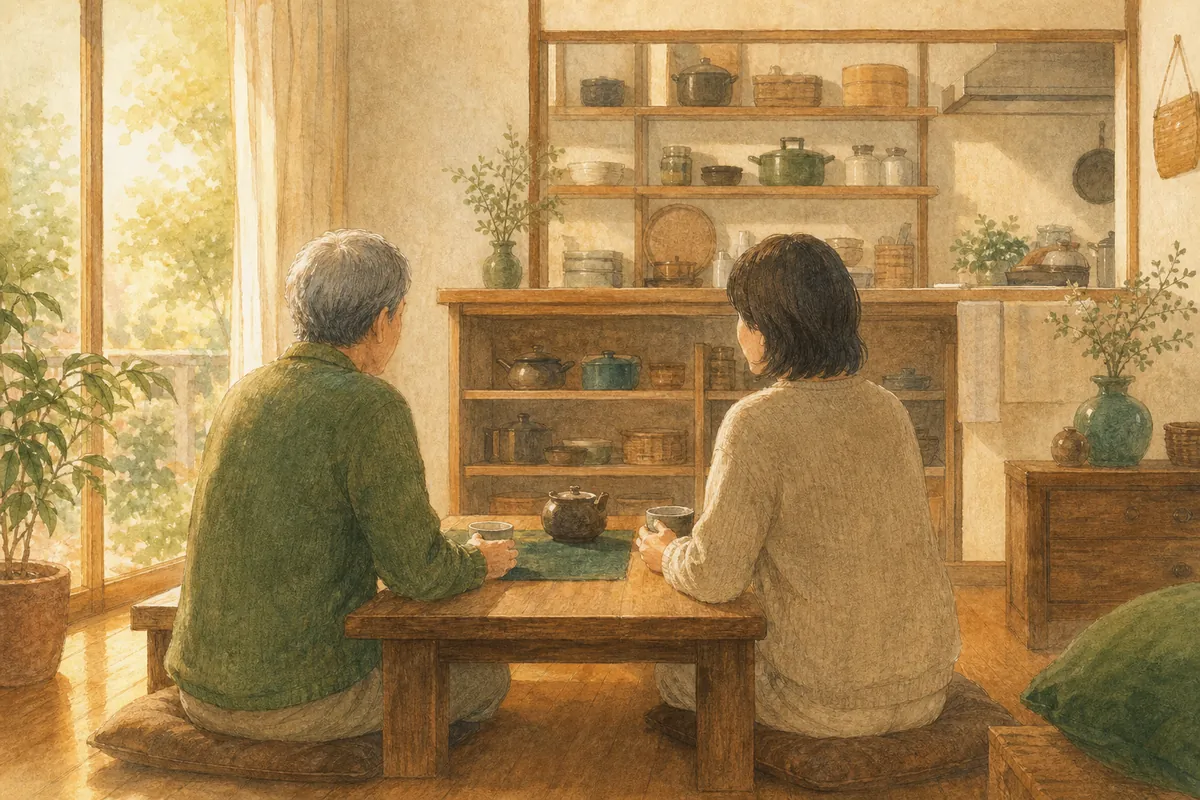 日本の住まいで親子がお茶を飲みながら穏やかに話すイラスト