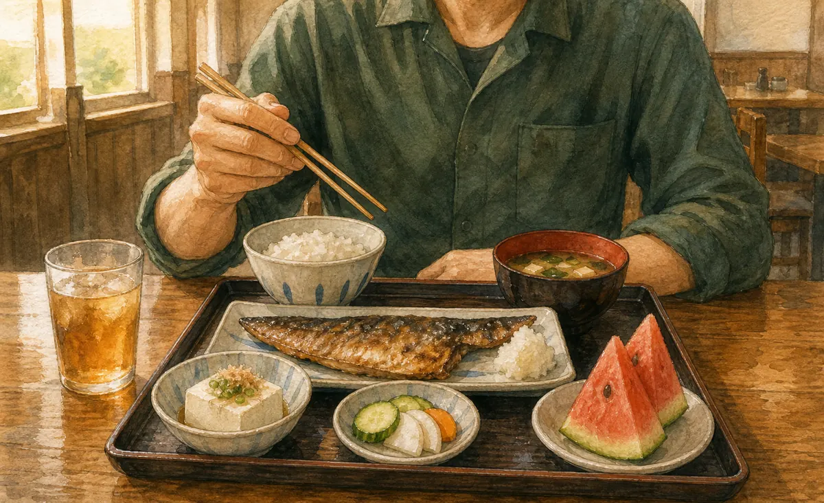 作業後に定食屋の木製テーブルで定食と小鉢をいただくスタッフのイラスト