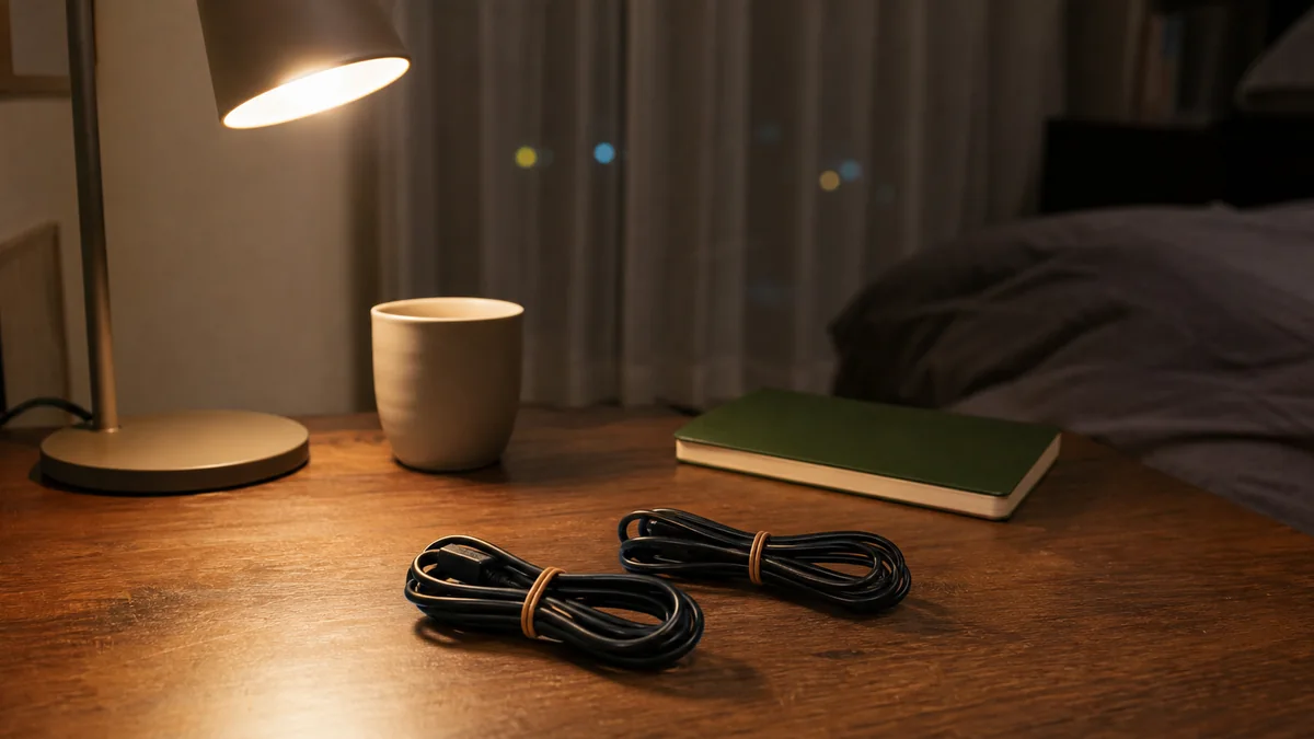 夜の机で二本の充電ケーブルを輪ゴムでまとめたスタッフの部屋のイメージ写真