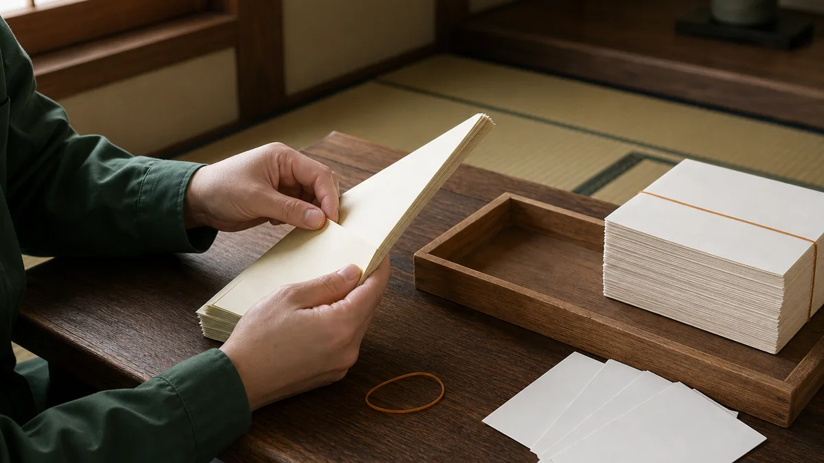 輪ゴムで留められた無地の封筒の束を一つずつ確認する現場スタッフの手元のイメージ写真