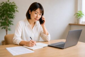 遠方から実家の遺品整理を電話で相談する女性