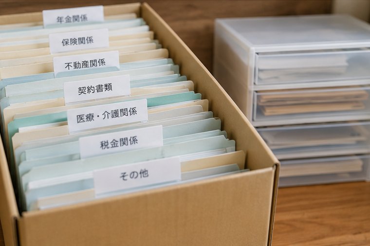 年金・保険・不動産などに分類して整理された遺品の重要書類
