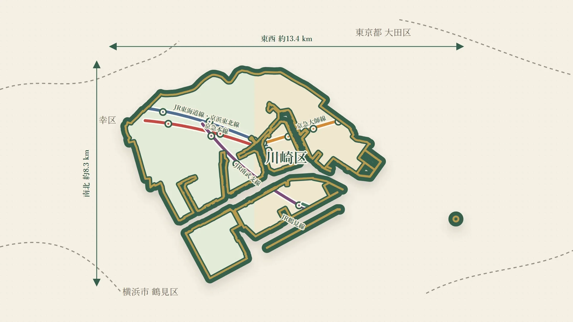 川崎市川崎区を走る鉄道路線のイラストマップ