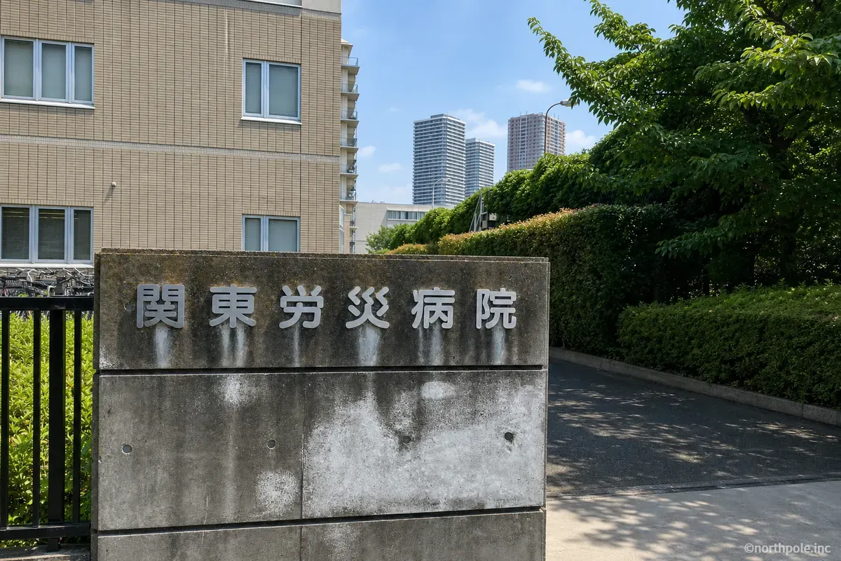 関東労災病院の石造りの入口表示と遠景の武蔵小杉の高層建築