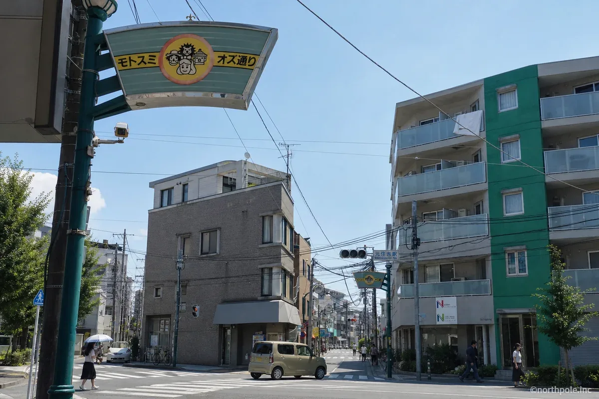 元住吉駅近くのモトスミ・オズ通り入口と街を行き交う人や車