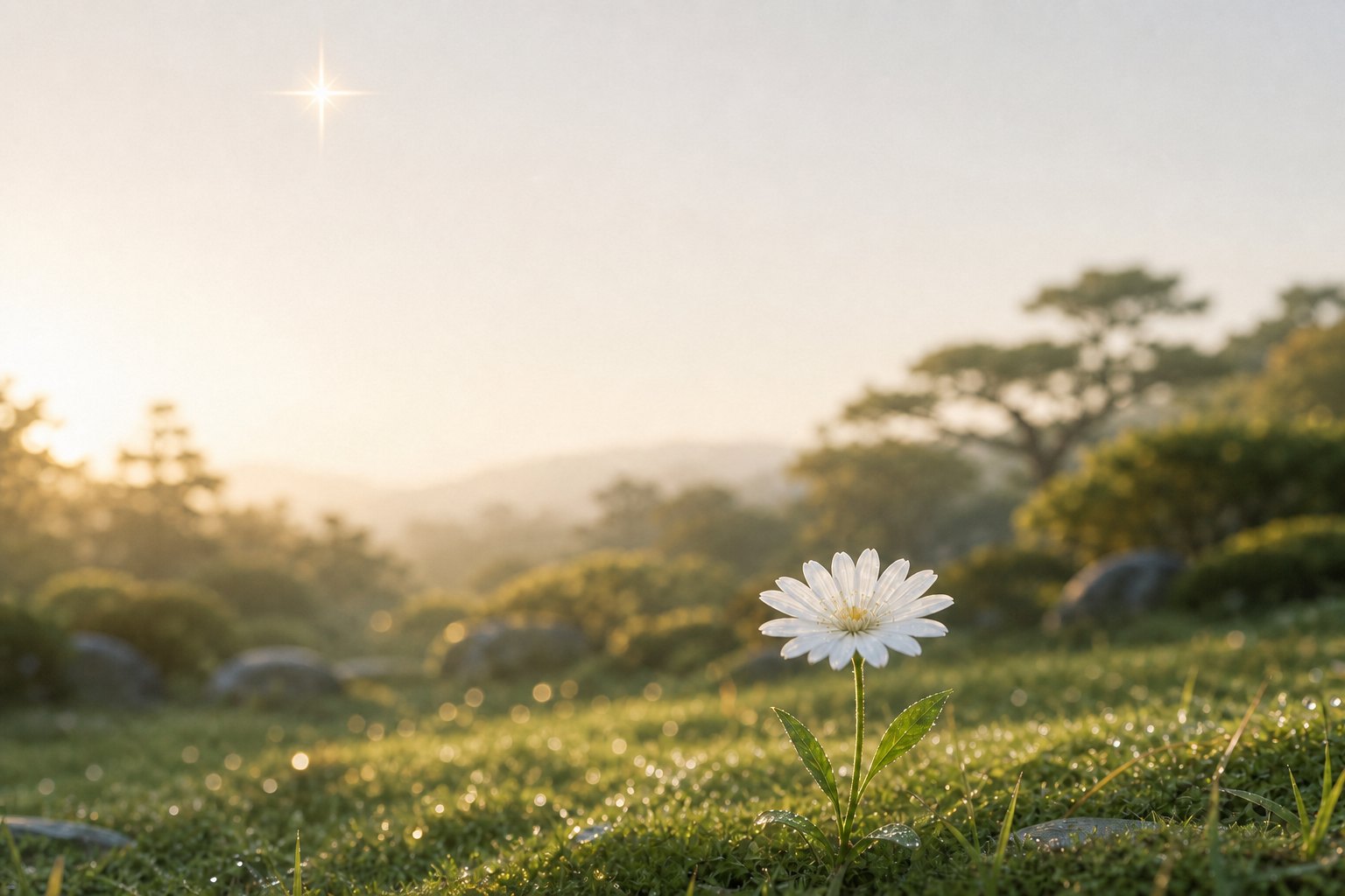 朝露の草原に咲く一輪の寒白菊と北極星