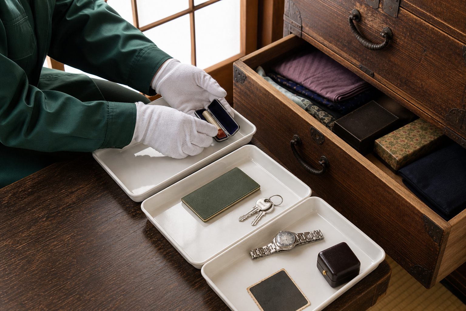 白手袋で箪笥の貴重品をトレーに仕分けするスタッフ(イメージ)