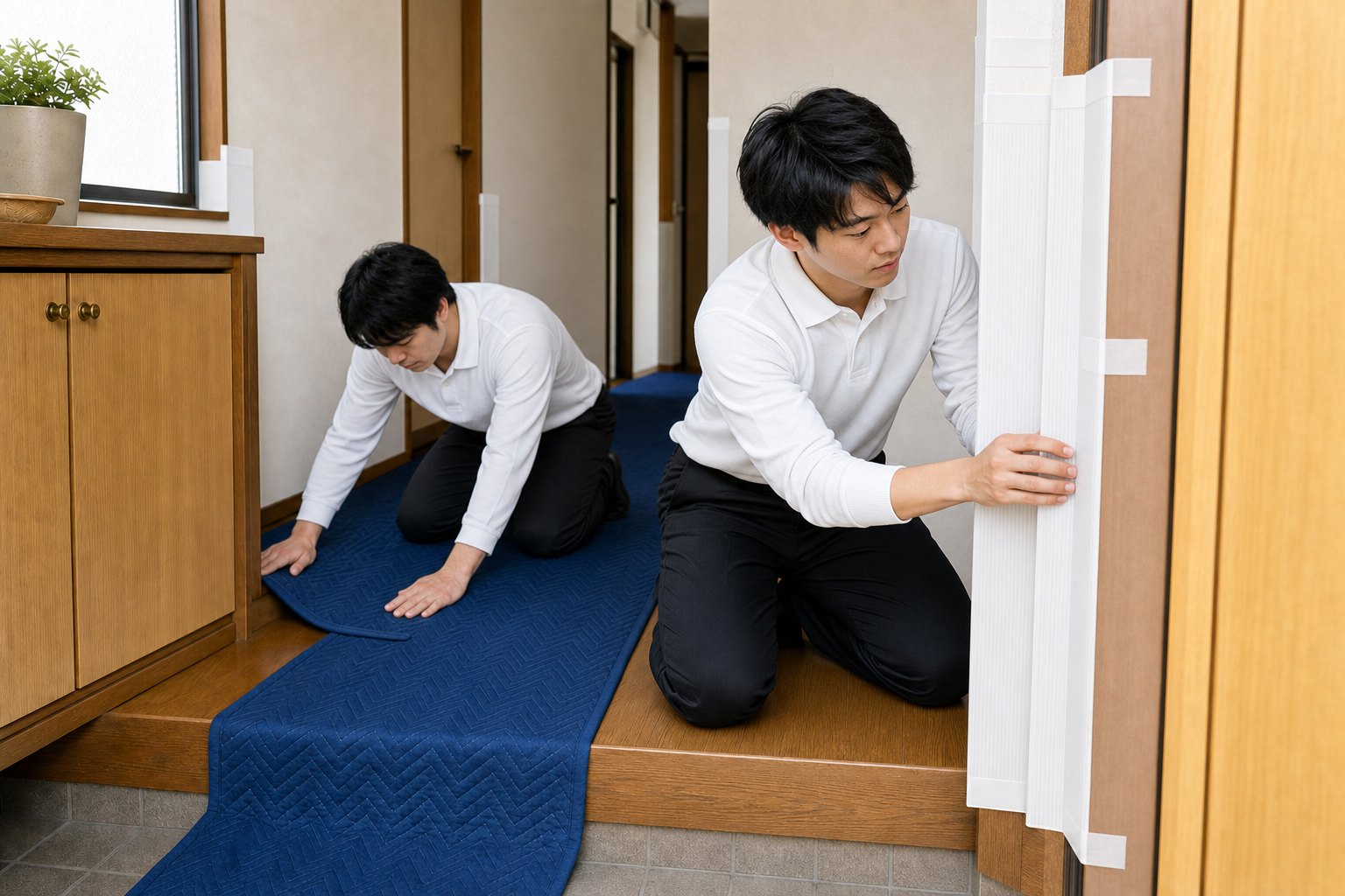玄関の上がり框と床の養生(イメージ)