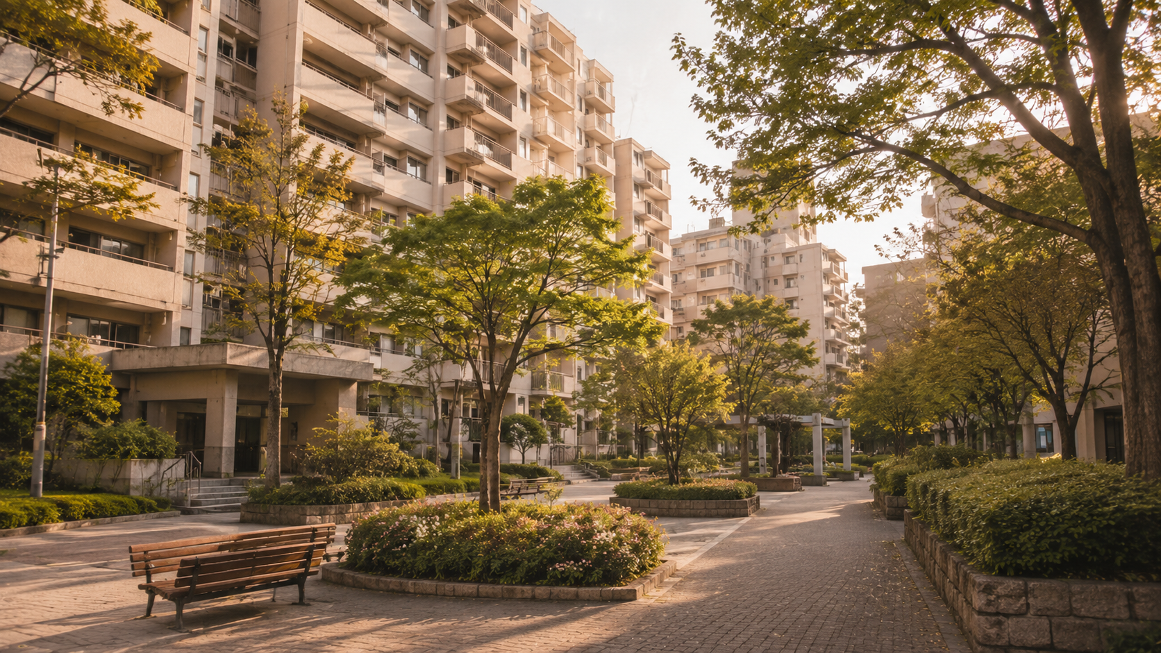 駅近くの緑豊かな大規模マンション群(イメージ)