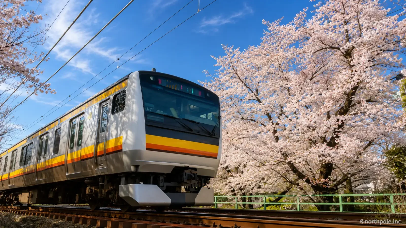 桜並木のそばを走る南武線の電車と高津区の街並み