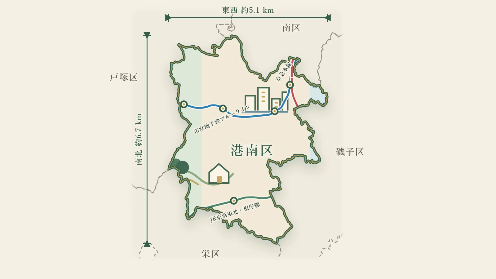横浜市港南区を走る鉄道路線のイラストマップ