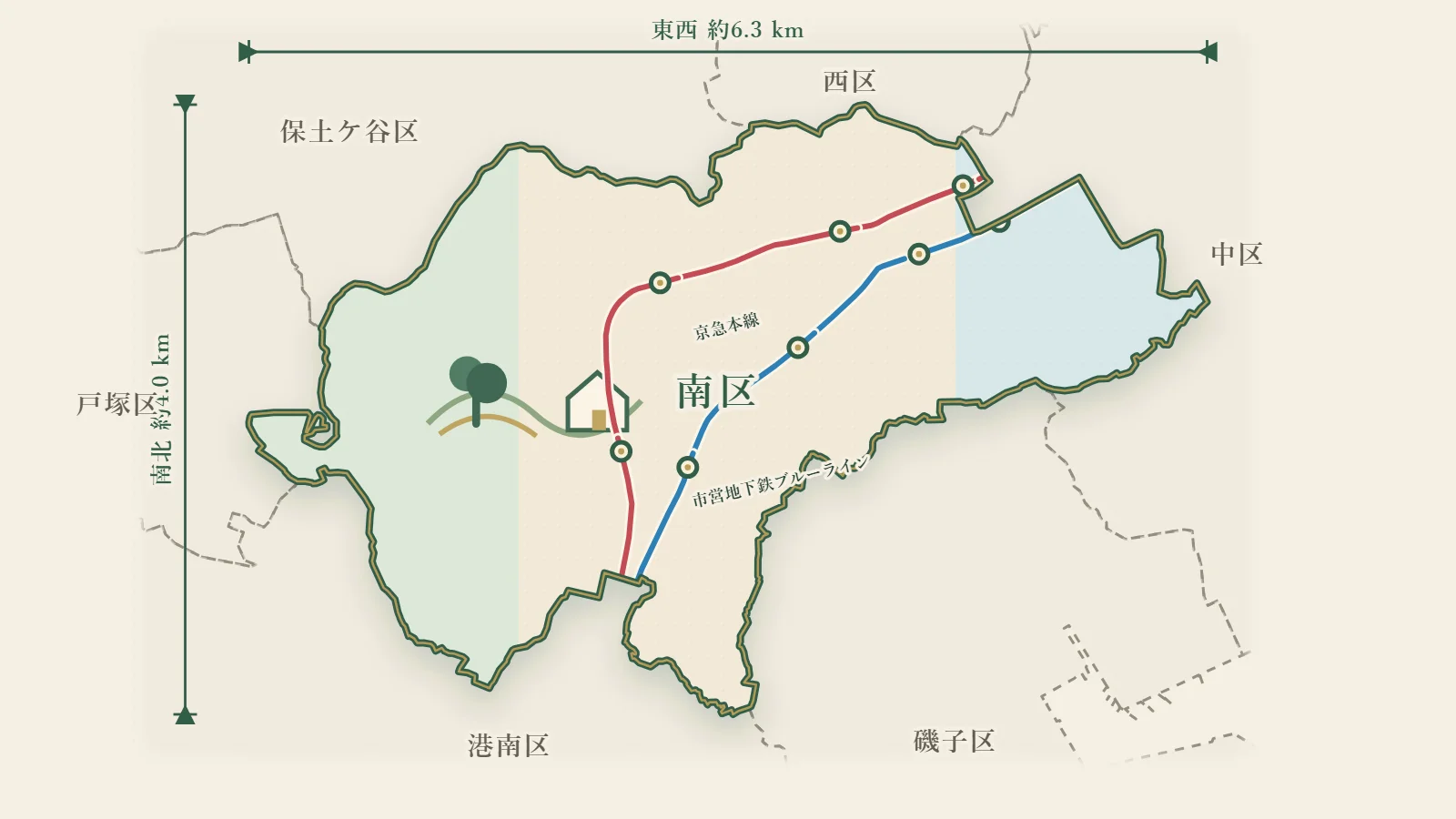 横浜市南区を走る鉄道路線のイラストマップ