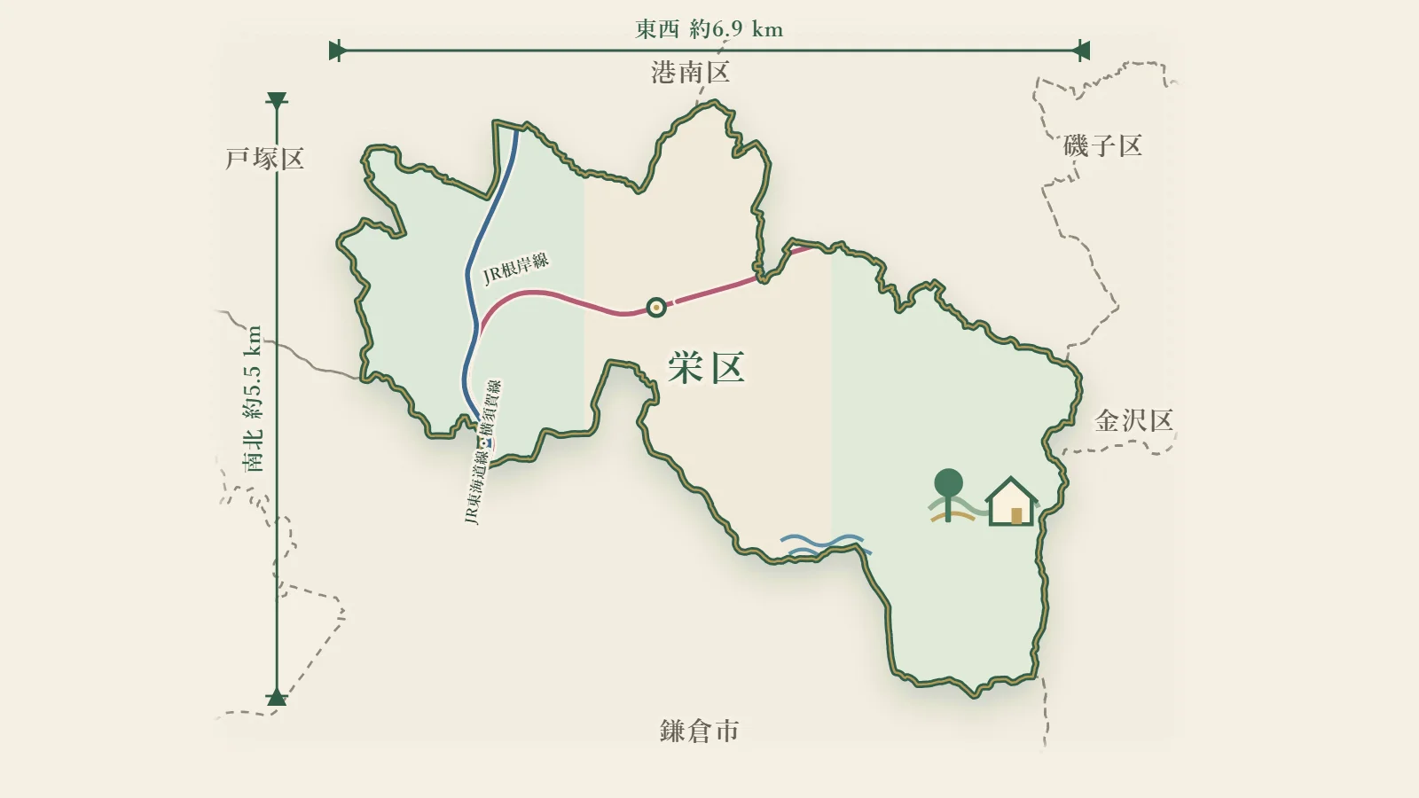 横浜市栄区を走る鉄道路線のイラストマップ