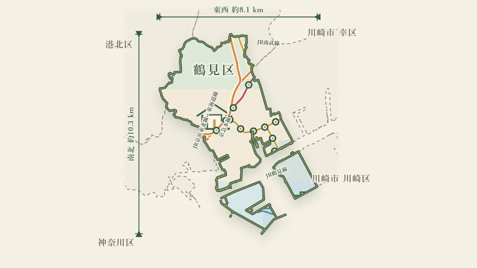 横浜市鶴見区を走る鉄道路線のイラストマップ